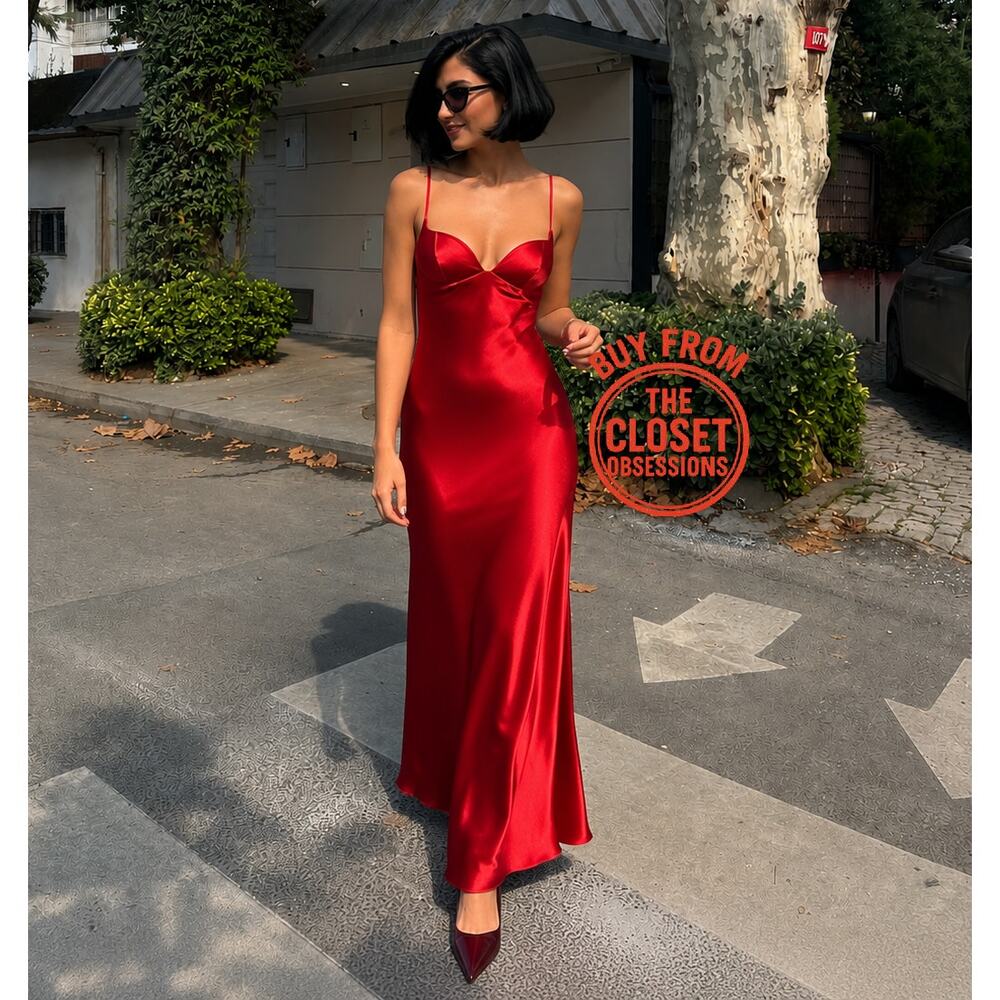 Zara NWT Red Satin Sweetheart Maxi Dress L - Picture 6 of 16